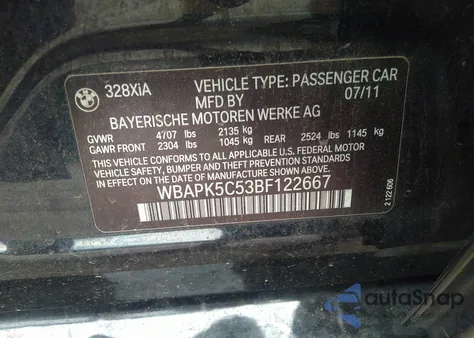 2011 BMW 328I xDrive из США, поврежденный, VIN WBAPK5C53BF122667